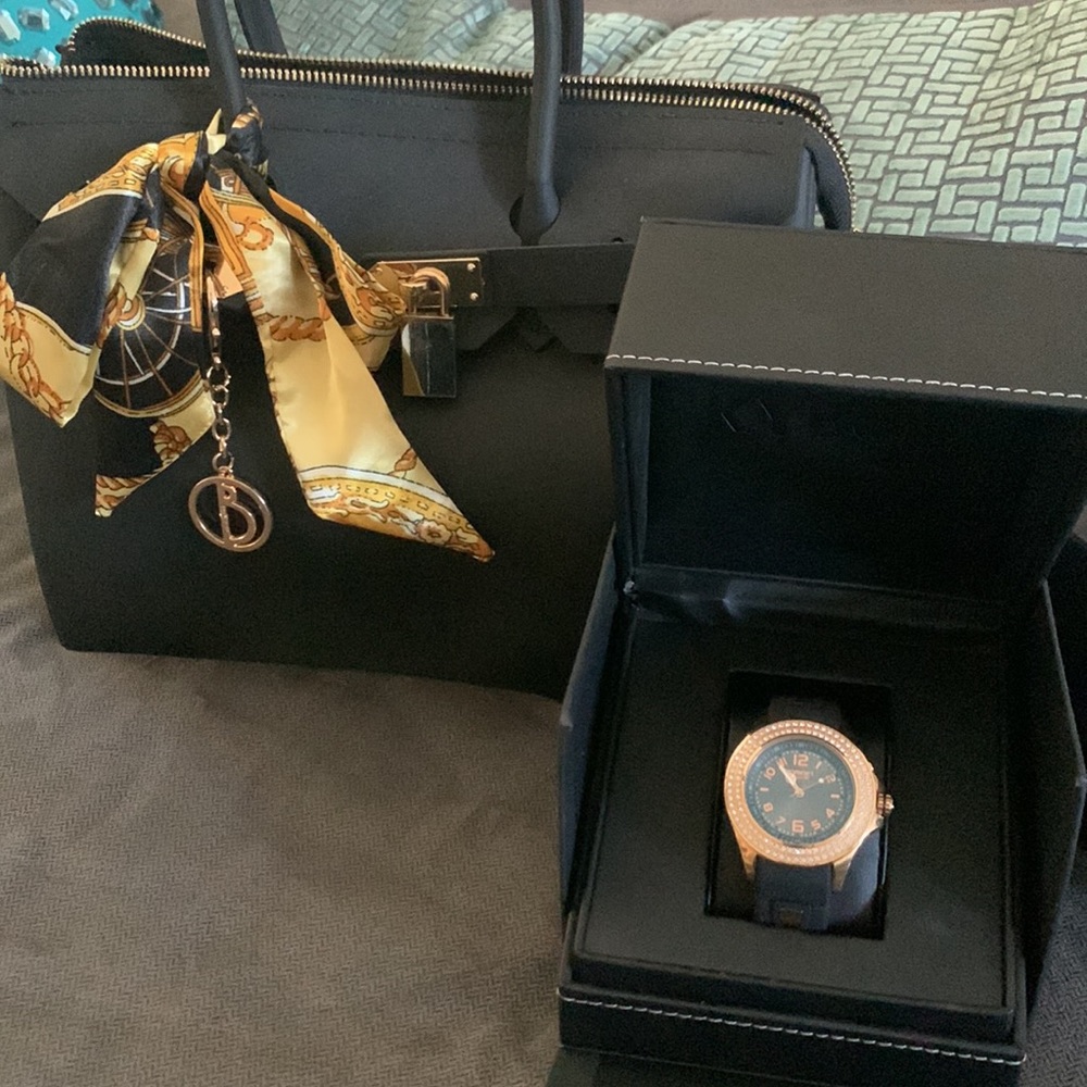 Neoprene black purse NWOT with Kyboe rose gold and black watch to match $75 each